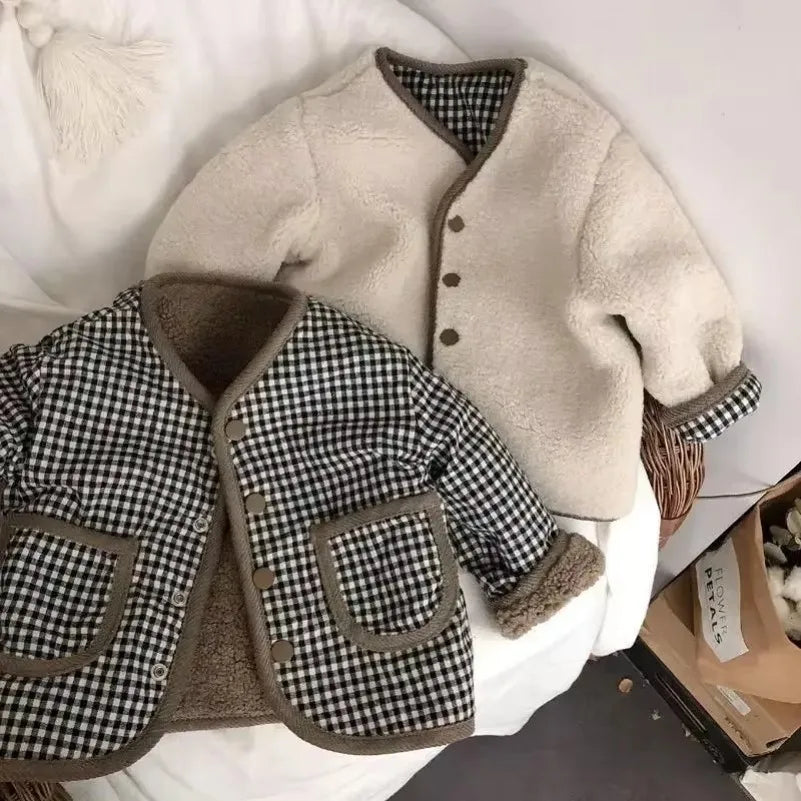 Kids reversible plaid jacket cream color option
