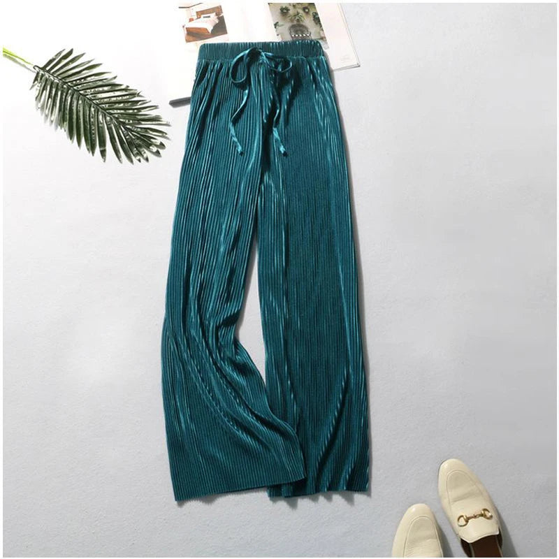 Wide leg ice silk pants teal close up fabric drape
