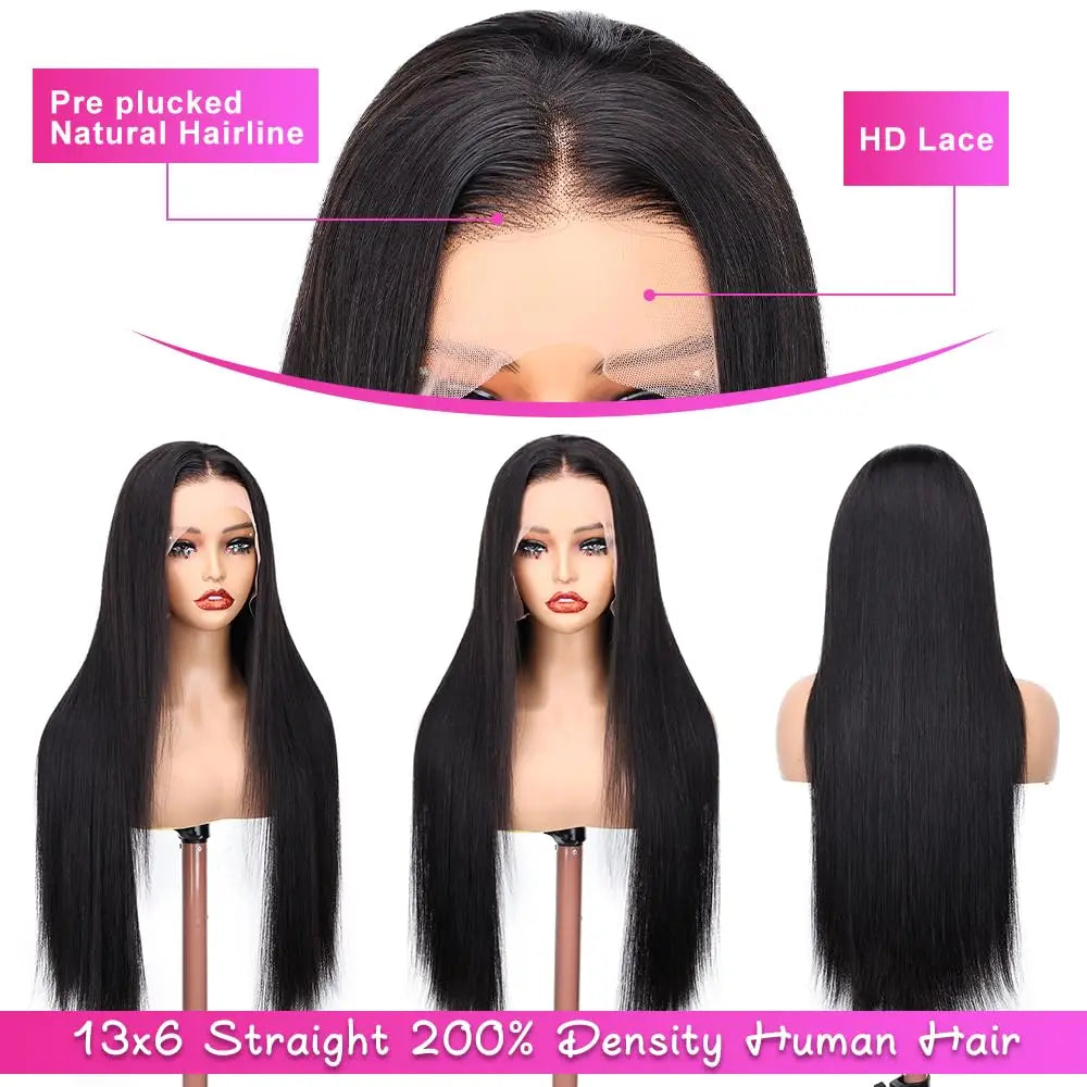 HD lace front straight human hair wig worn on model