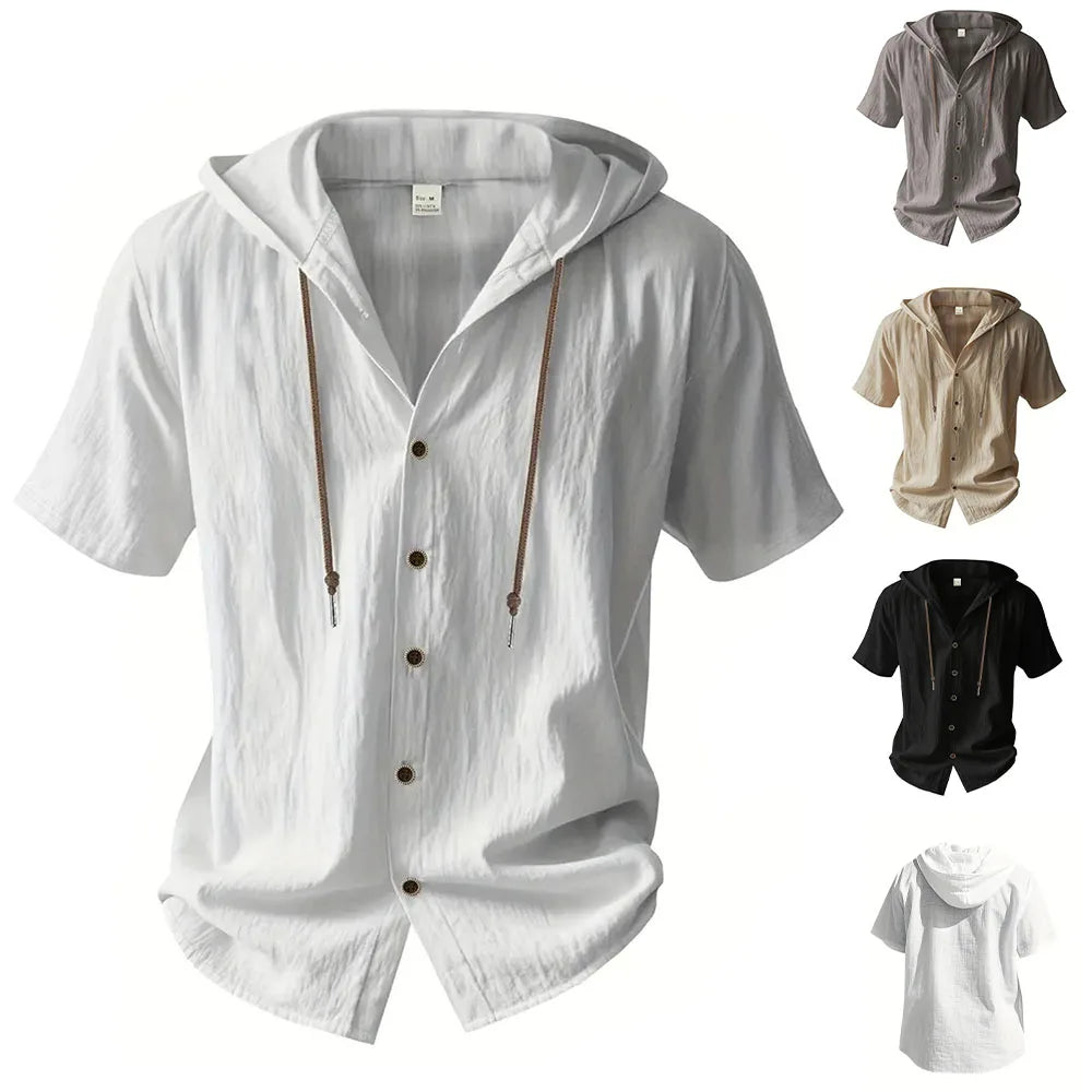 Hooded linen shirt front view white