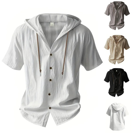 Hooded linen shirt front view white