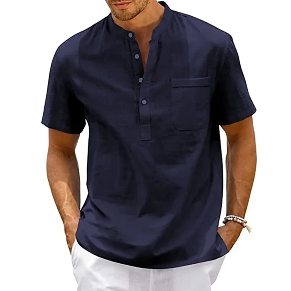 Men's linen henley beach shirt front view black