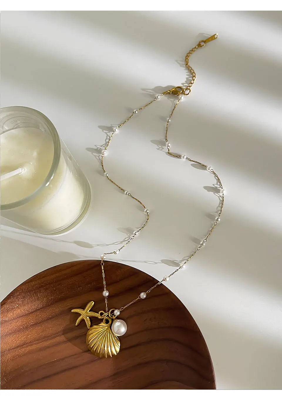Pearl starfish shell necklace full view gold