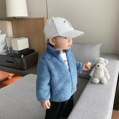 Kids plush winter coat lining texture closeup
