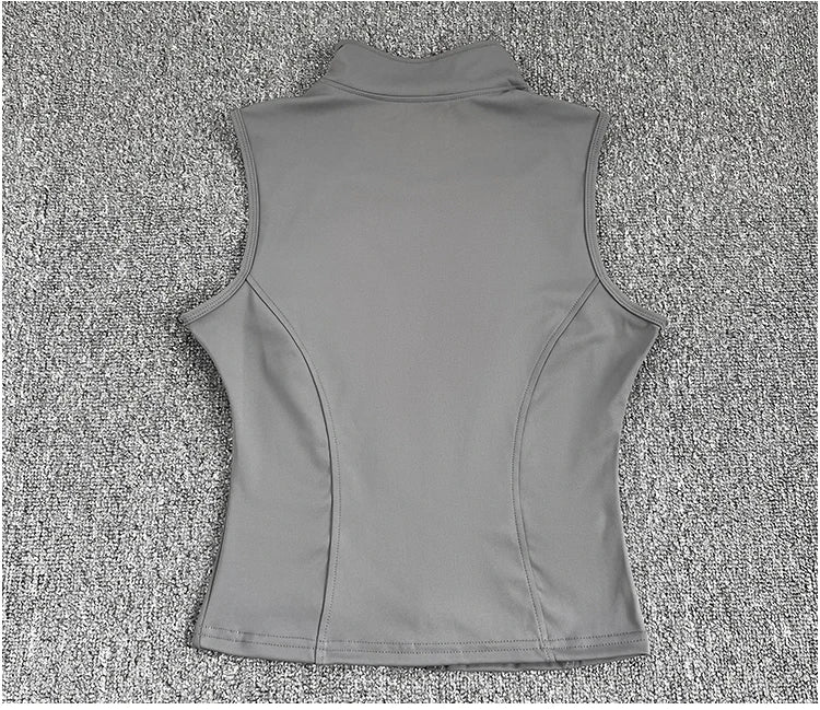 Women's zip-up yoga fitness tank top front view gray
