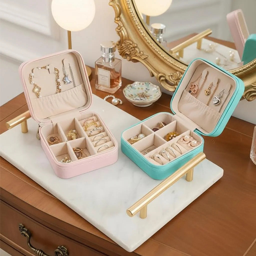 Travel jewelry organizer case interior compartments