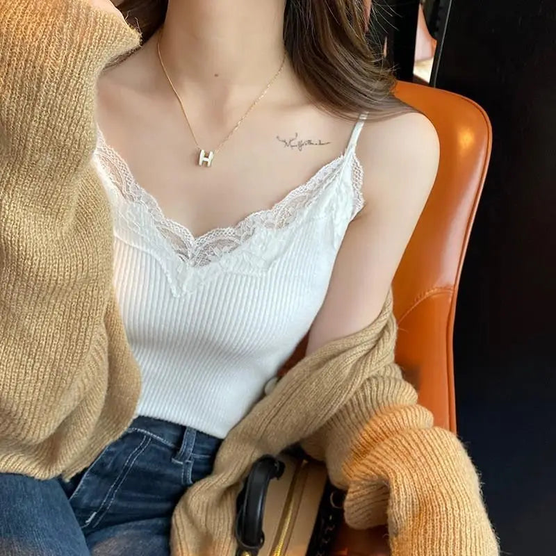 Women's lace cropped tank top front view white