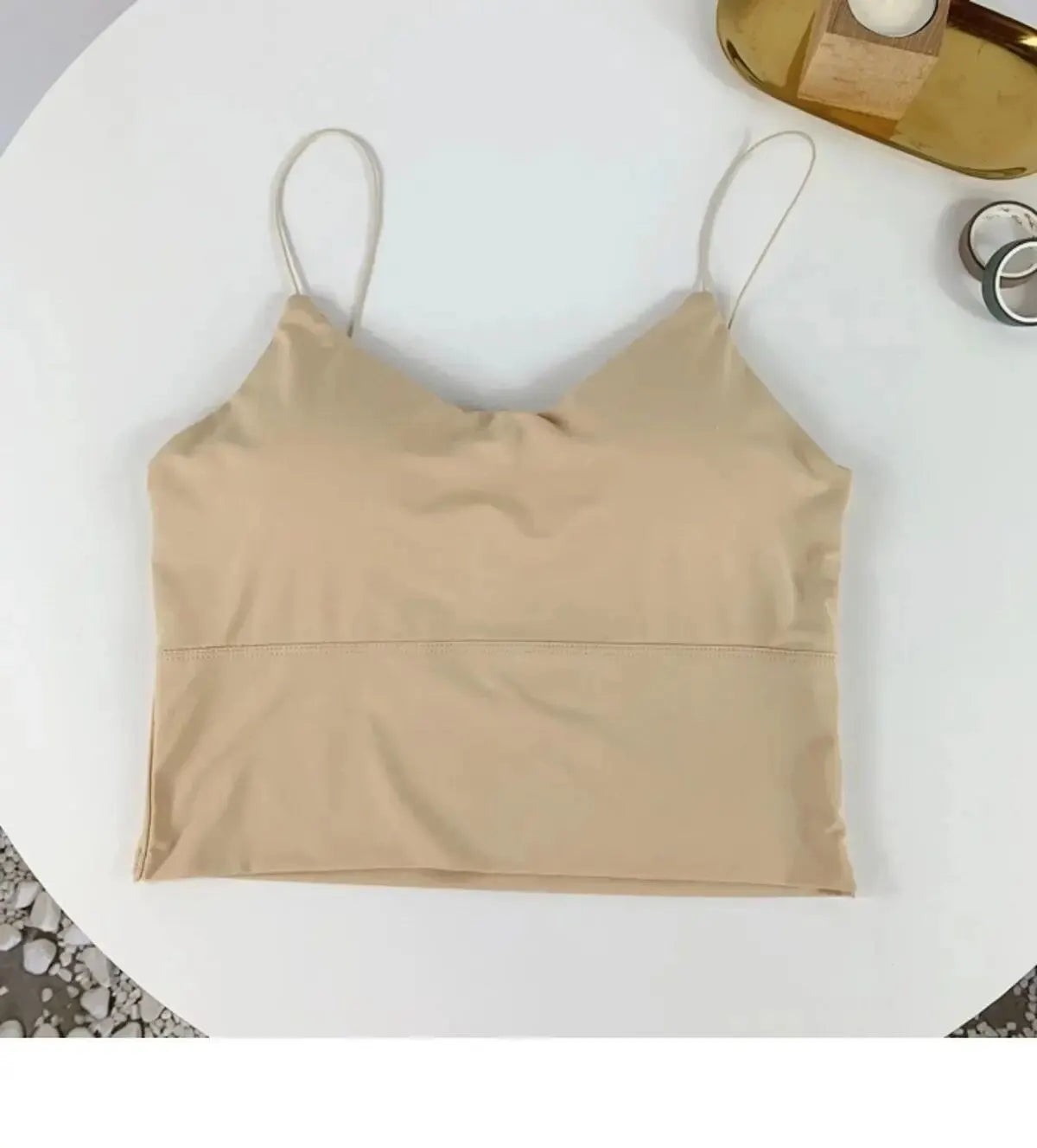 Seamless padded camisole beige flat lay wide view