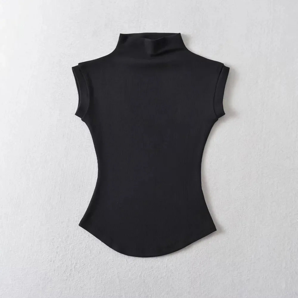  Sleeveless turtleneck top worn with skirt