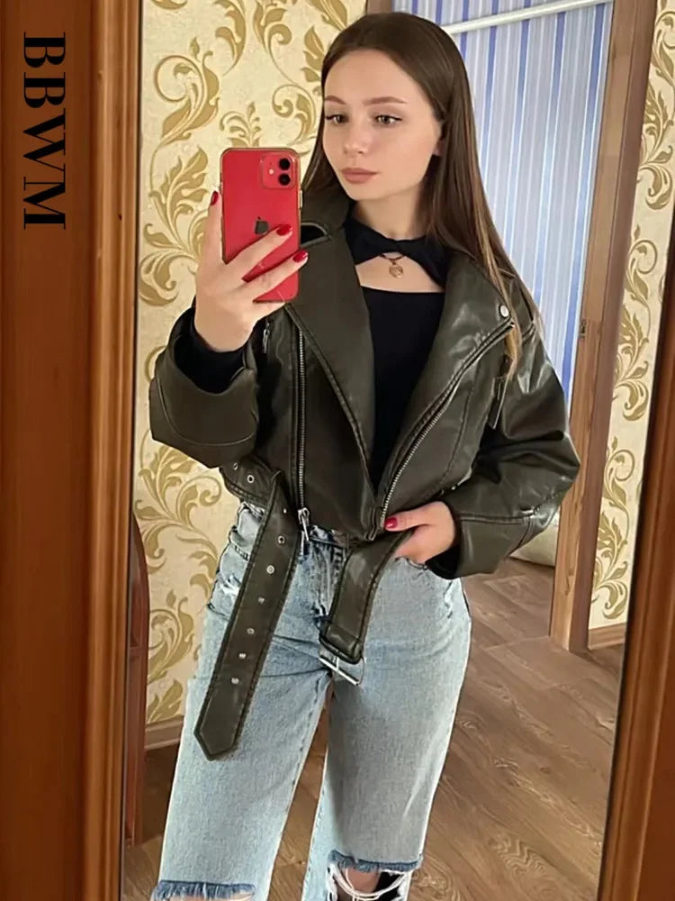 Faux Leather Moto Jacket | Belted Biker Coat