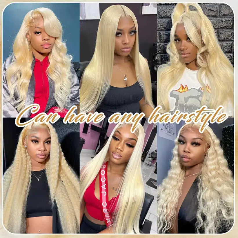 Bone straight blonde wig worn on model