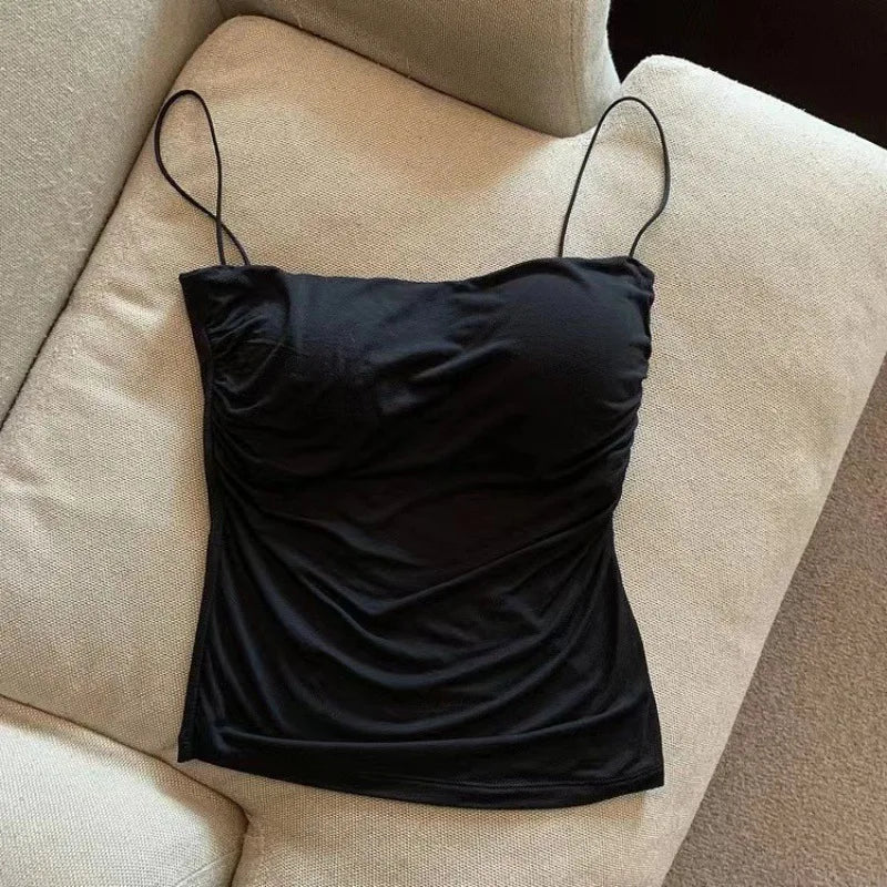 Halter tank top with built-in bra black worn front view