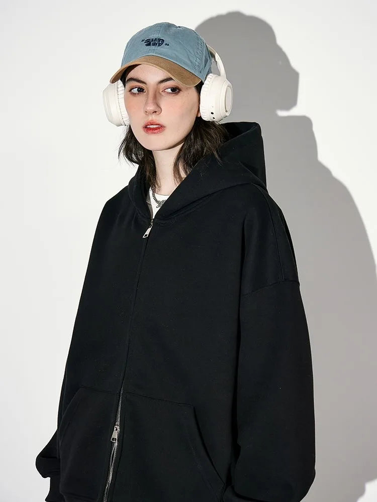 Double zip hooded jacket worn styled outfit black