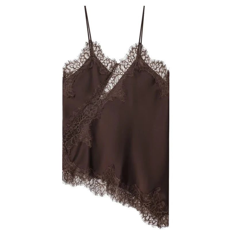 Asymmetrical backless camisole front view khaki brown