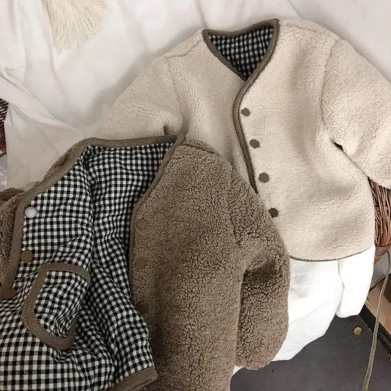 Kids reversible plaid jacket cream color option