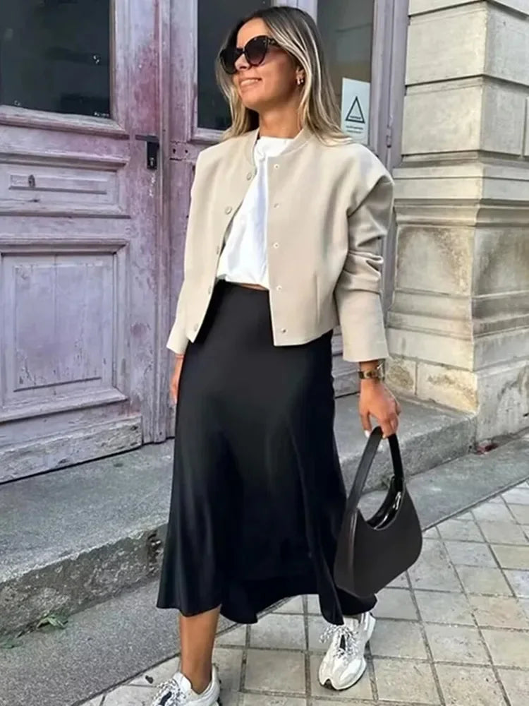 High waist satin midi skirt navy blue color option