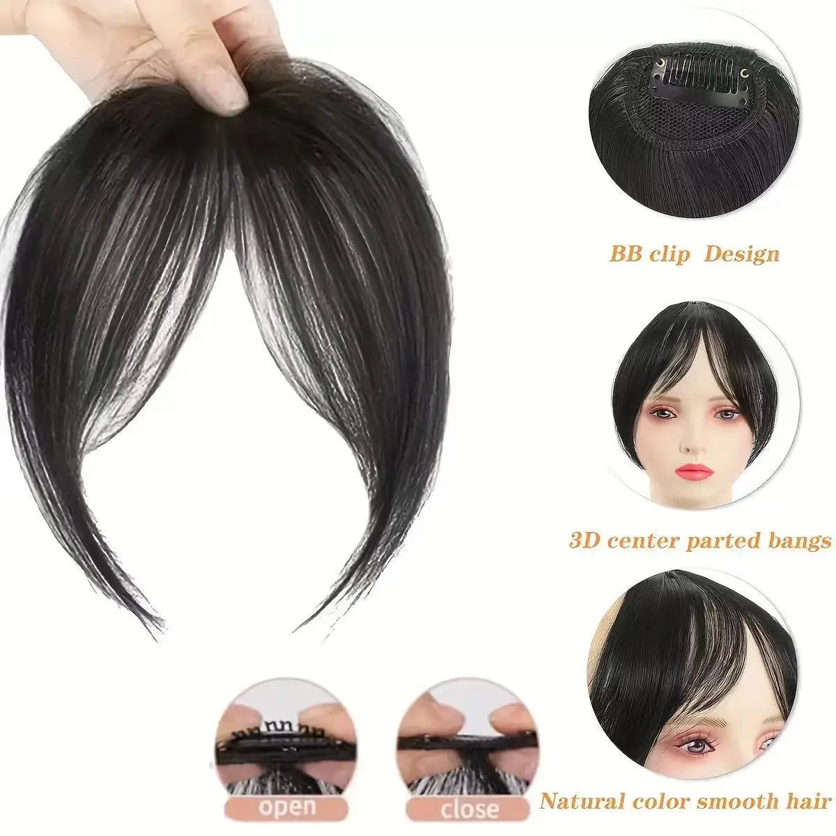 Clip-in bangs hair extension worn on model