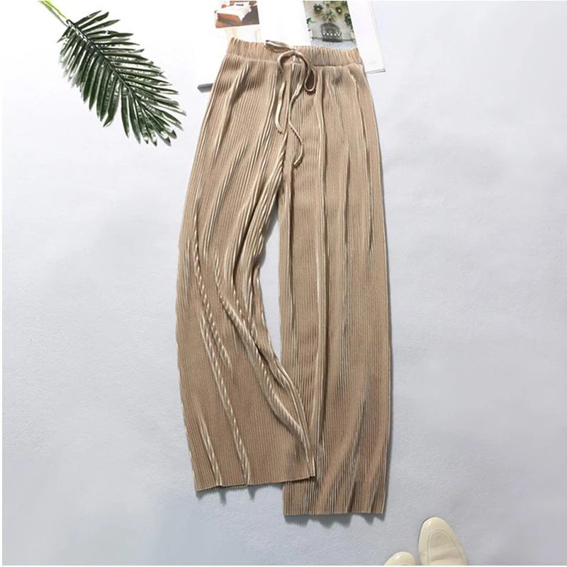 Wide Leg Ice Silk Pants Women's Pleated Casual Trousers