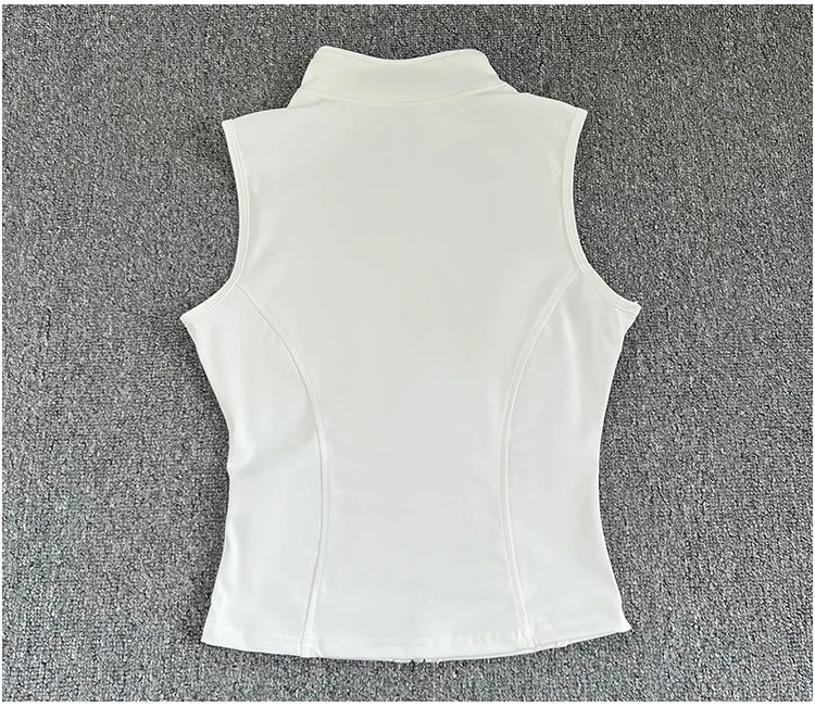 Women's zip-up yoga fitness tank top front view white