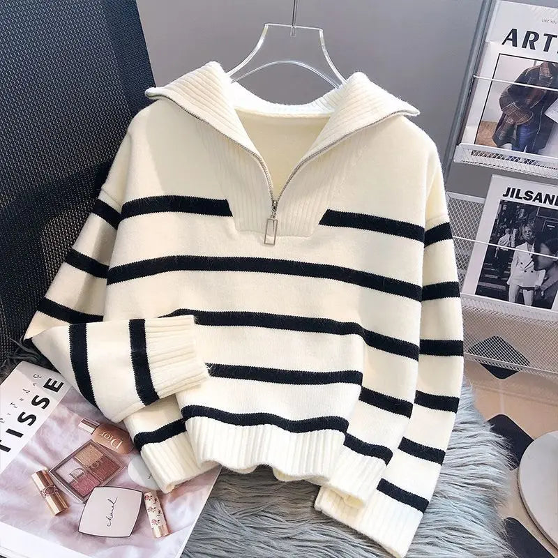 Zip stripe cropped sweater front view beige