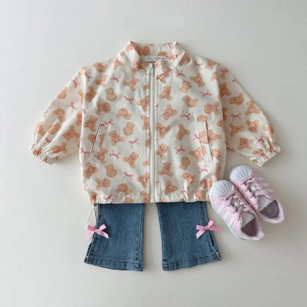 Baby cartoon print sun jacket worn by child