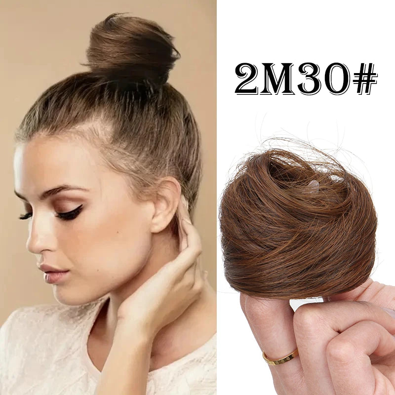 Synthetic hair bun extension worn on model