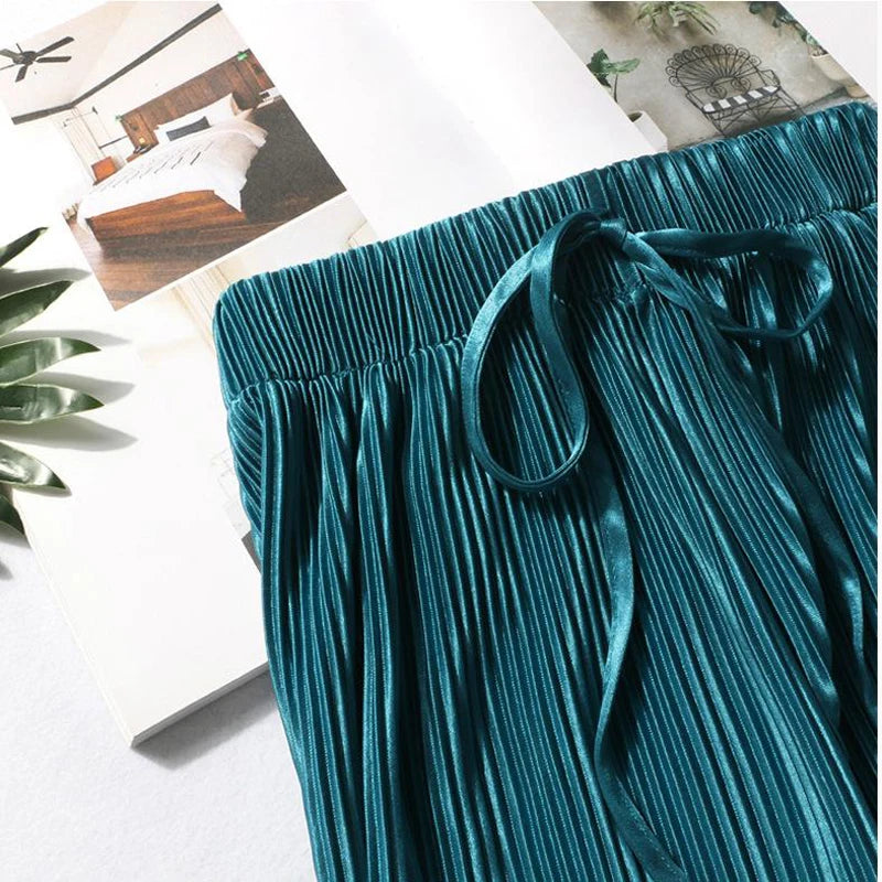Wide leg ice silk pants teal close up waistband