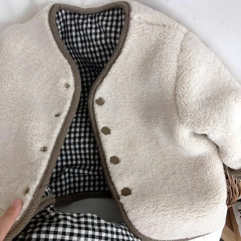 Kids reversible plaid jacket cream color option