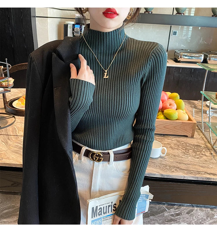 Slim turtleneck sweater khaki denim outfit styled