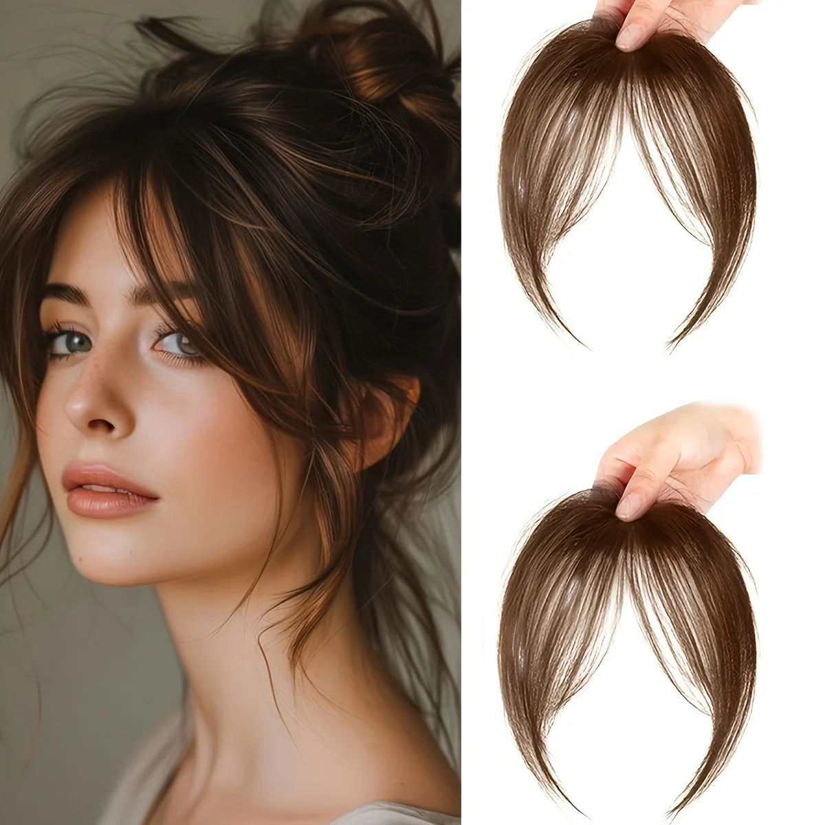 Clip-in bangs hair extension worn on model