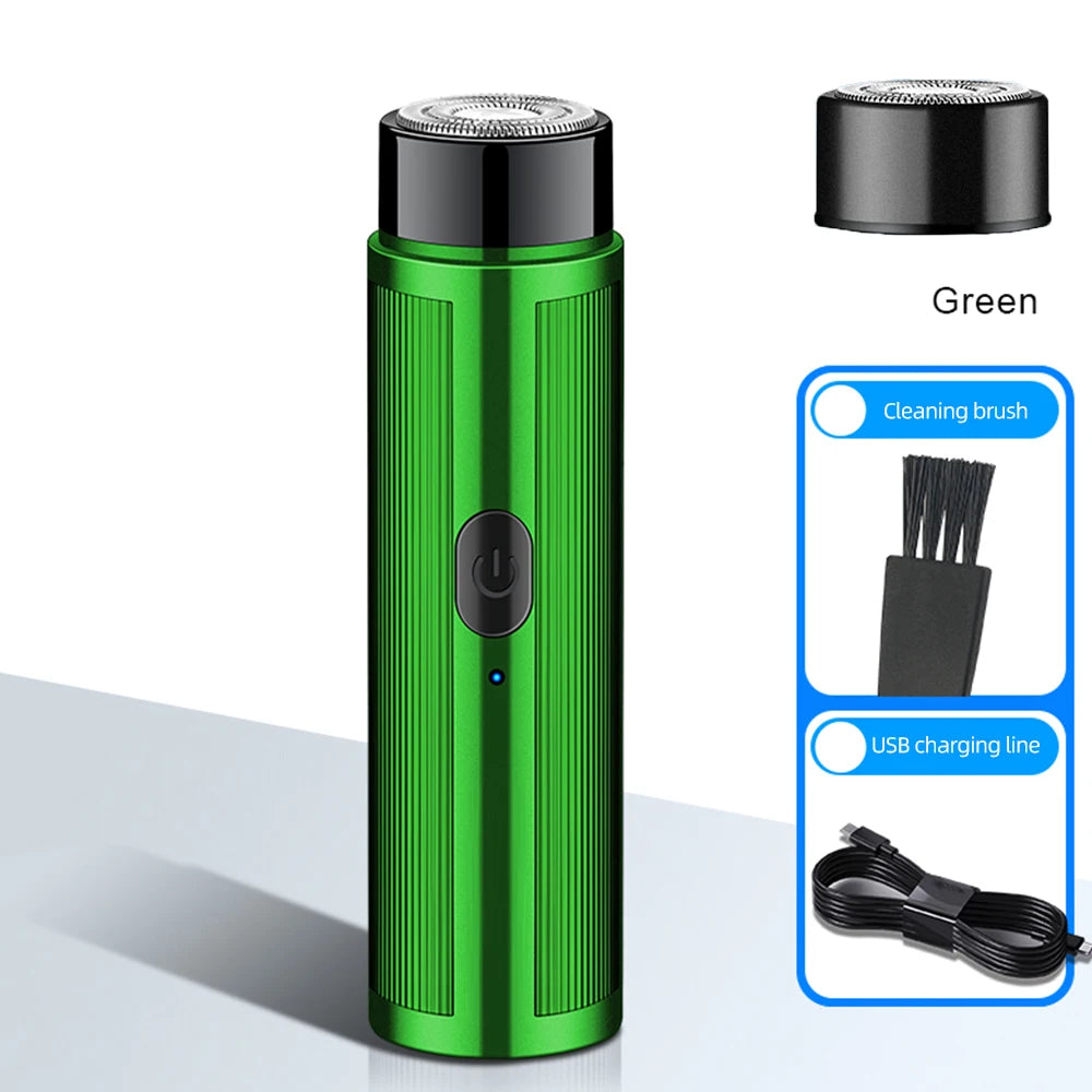 Mini Rechargeable Electric Shaver shown charging via USB port, highlighting travel-friendly design.