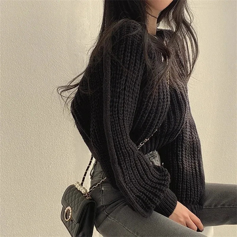 Loose korean sweater black full body seated