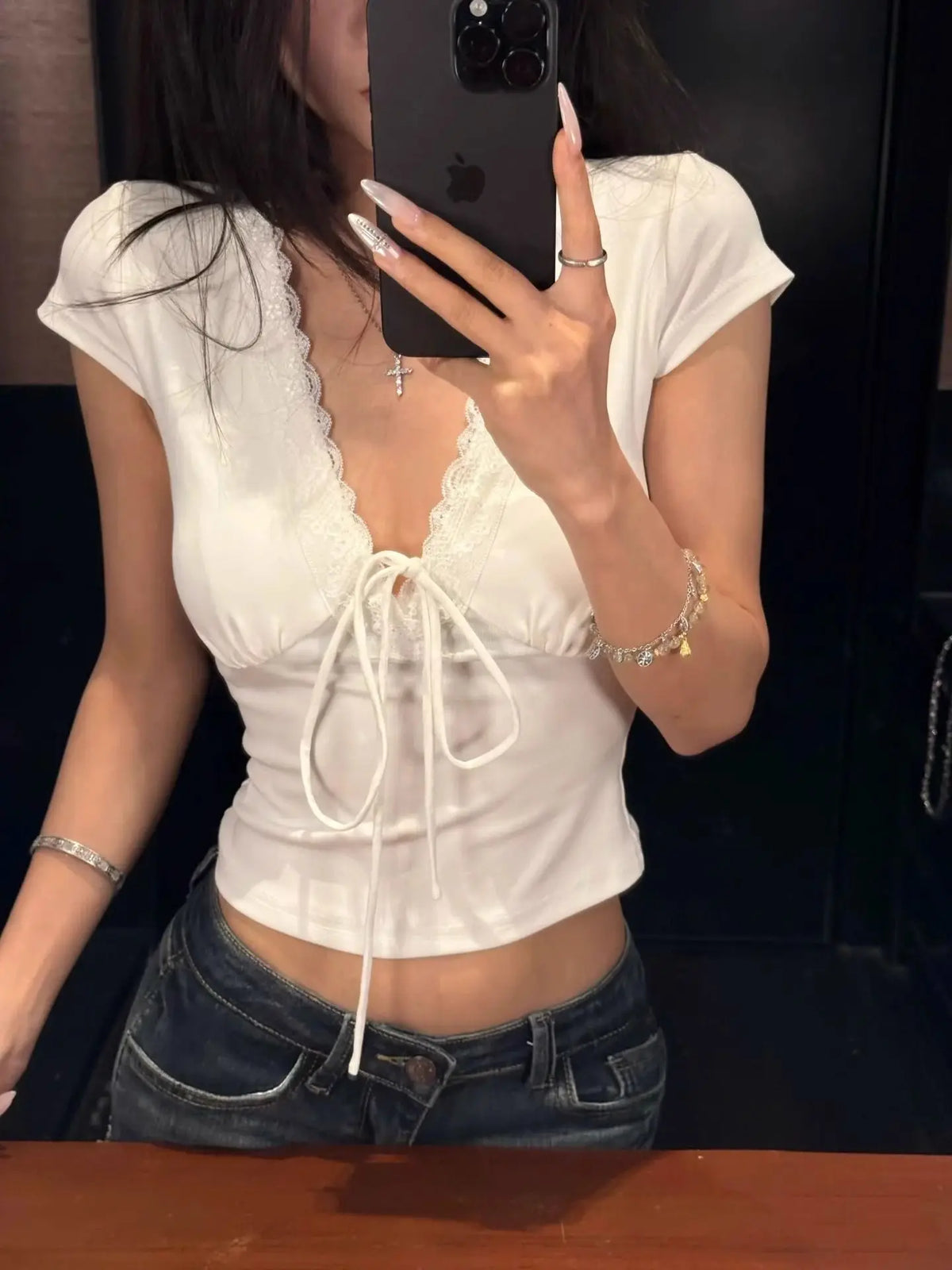 Lace V-Neck Top Women's Satin Slim Streetwear Tee
