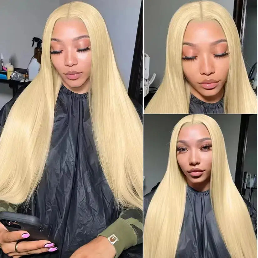Bone straight blonde wig worn on model
