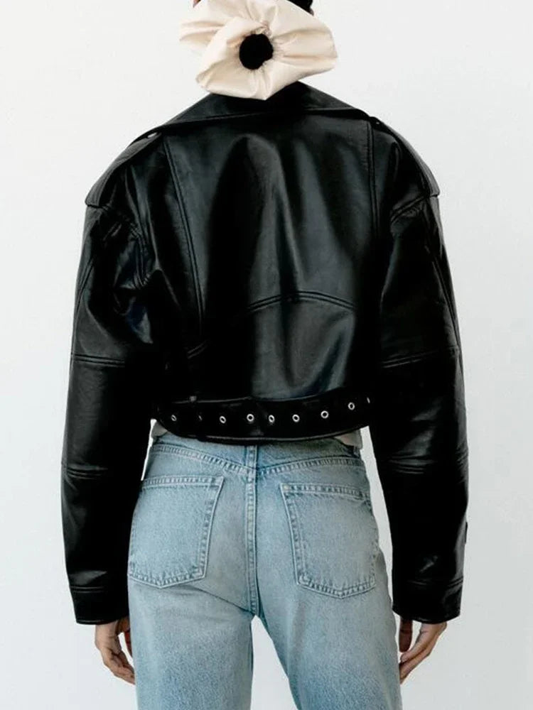Faux Leather Moto Jacket | Belted Biker Coat