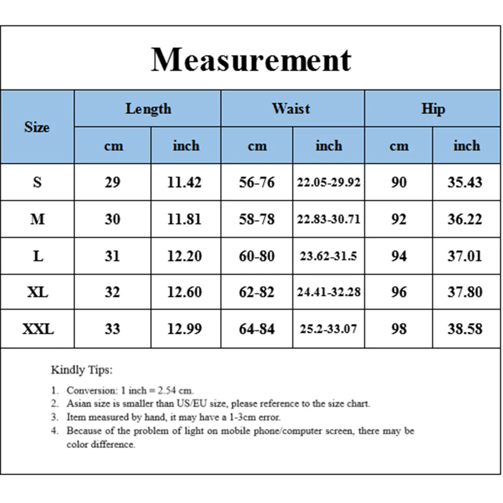 Skinny sports shorts size chart measurements