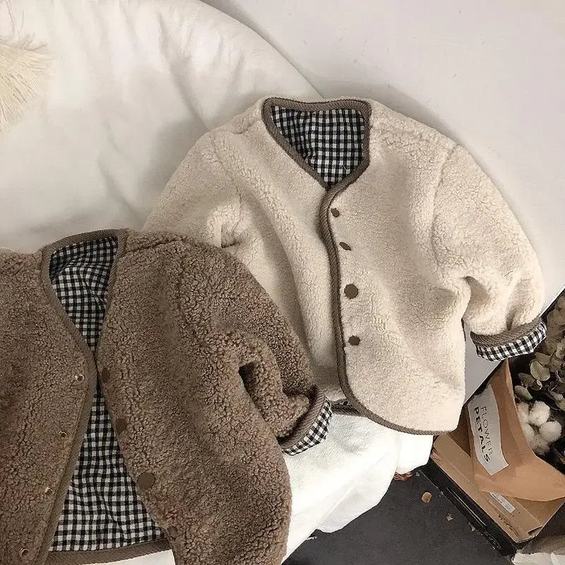Kids reversible plaid jacket cream color option