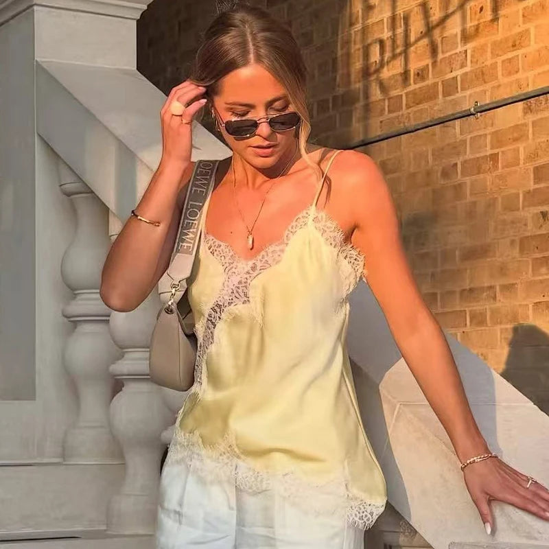 Asymmetrical backless camisole front view khaki yellow