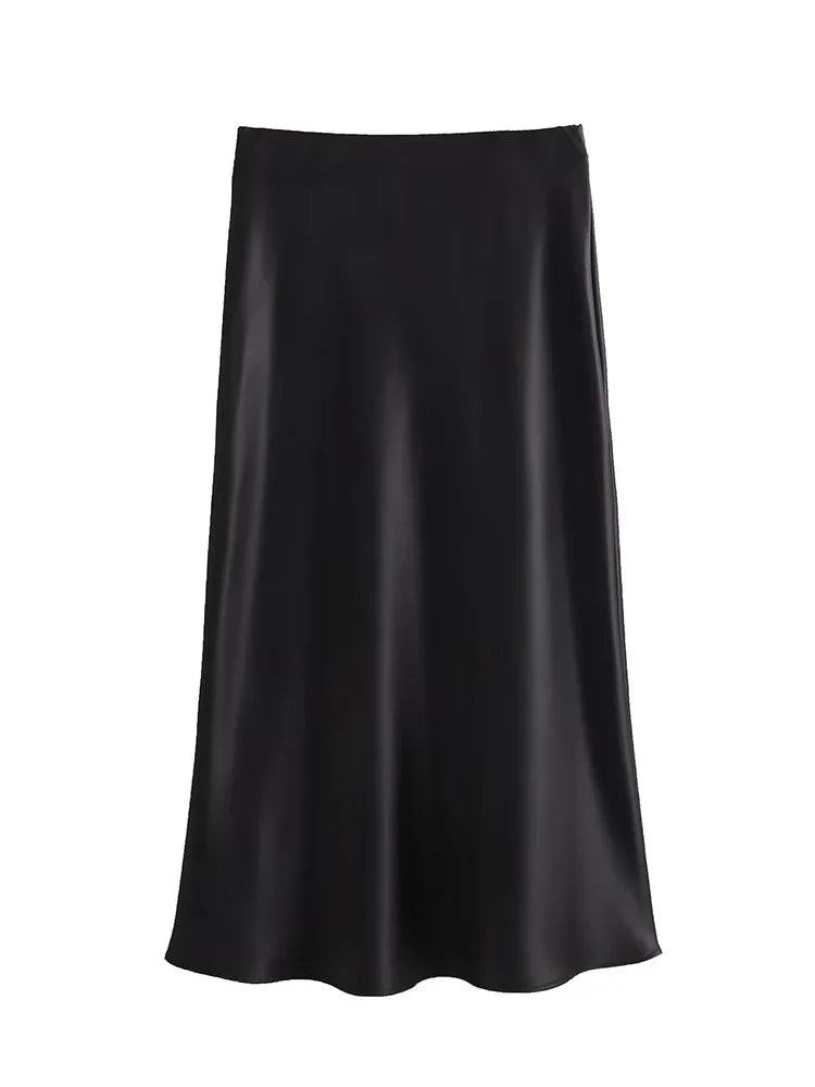 High waist satin midi skirt worn styled outfit black