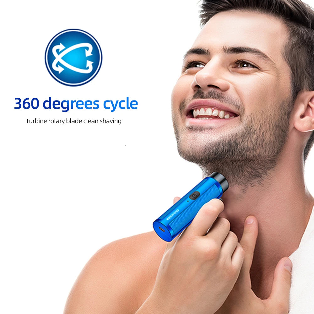 Mini Rechargeable Electric Shaver shown charging via USB port, highlighting travel-friendly design.