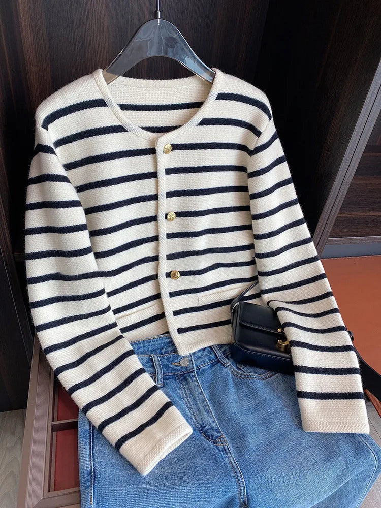 Striped cropped cardigan worn styled outfit pink
