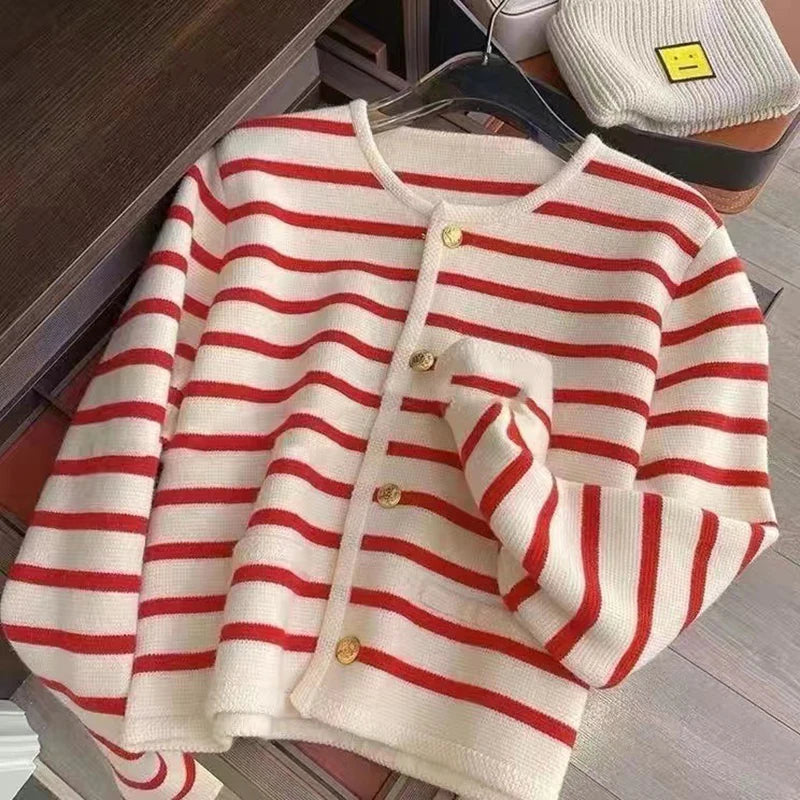 Striped cropped cardigan worn styled outfit pink