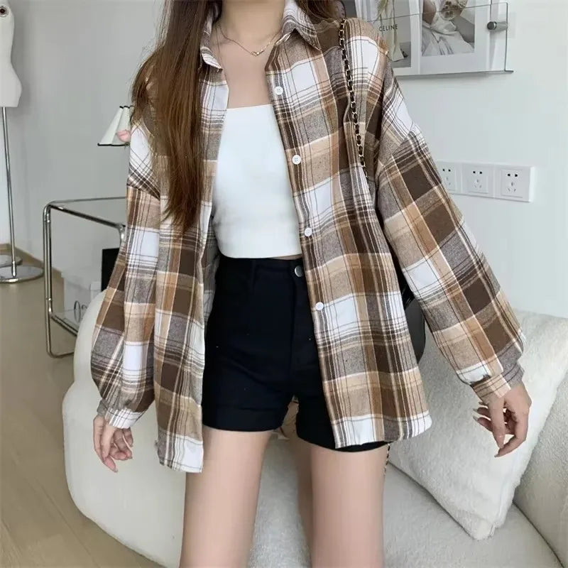 Vintage plaid shirt brown check full body front