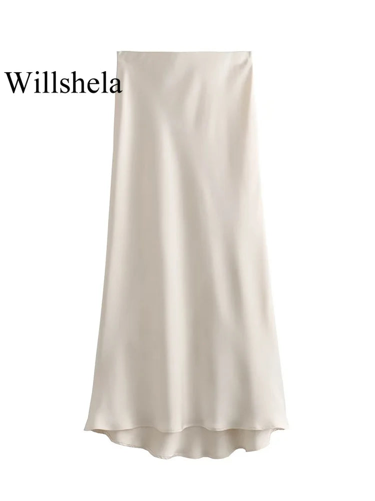 High waist satin midi skirt worn styled outfit