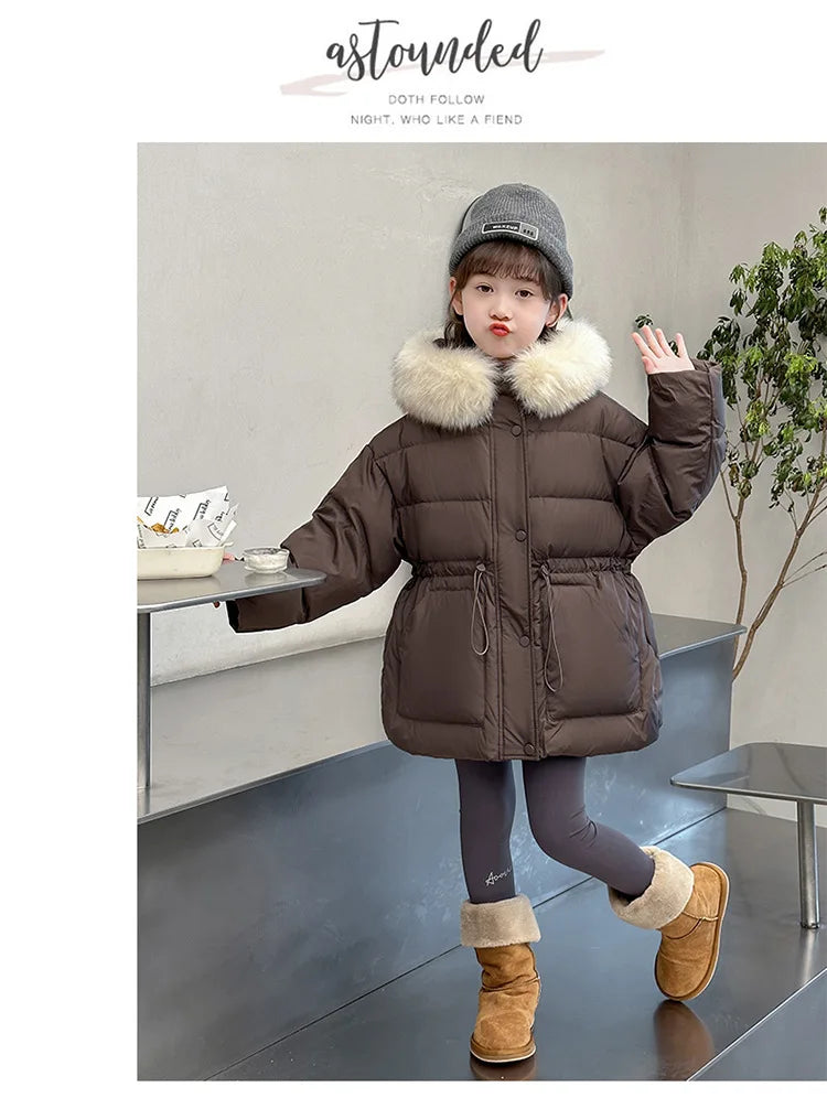 Girls fur-hood winter parka worn by child