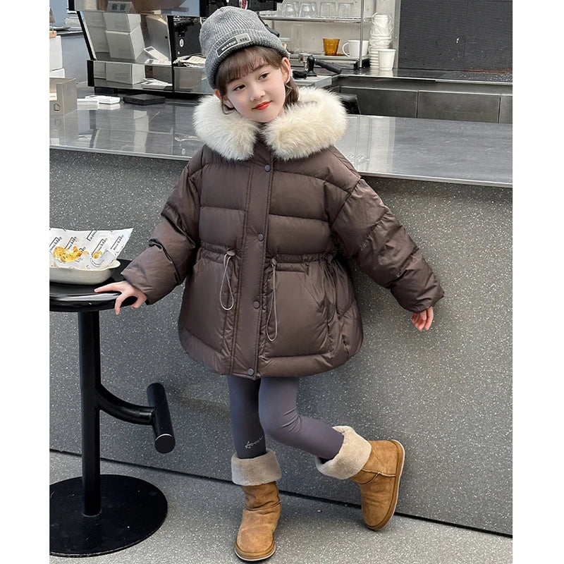 Girls fur-hood winter parka worn by child