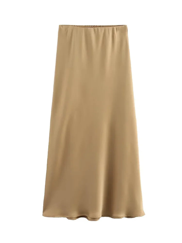 High waist satin midi skirt worn styled outfit
