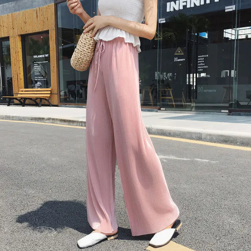 Wide leg ice silk pants pink worn full body