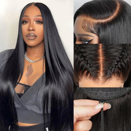 HD lace front straight human hair wig worn on model