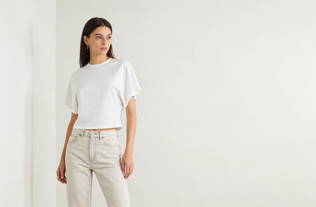 Cotton cropped crew neck top fabric texture closeup